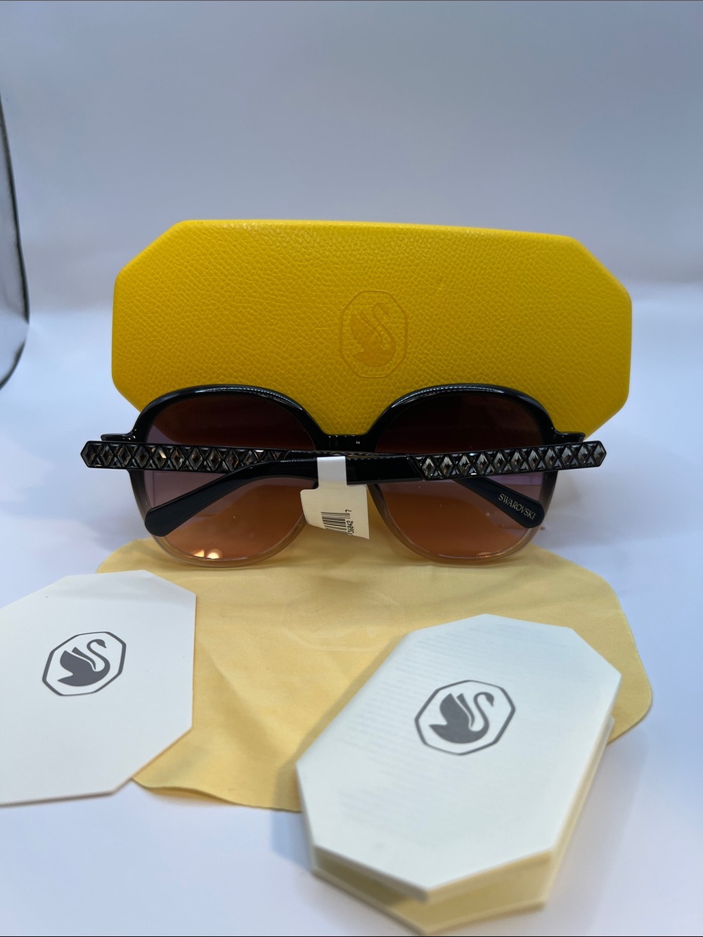 Swarovski Black Frame Sunglasses with Crystal-Accent Temples - Black/Brown - Picture 2 of 15